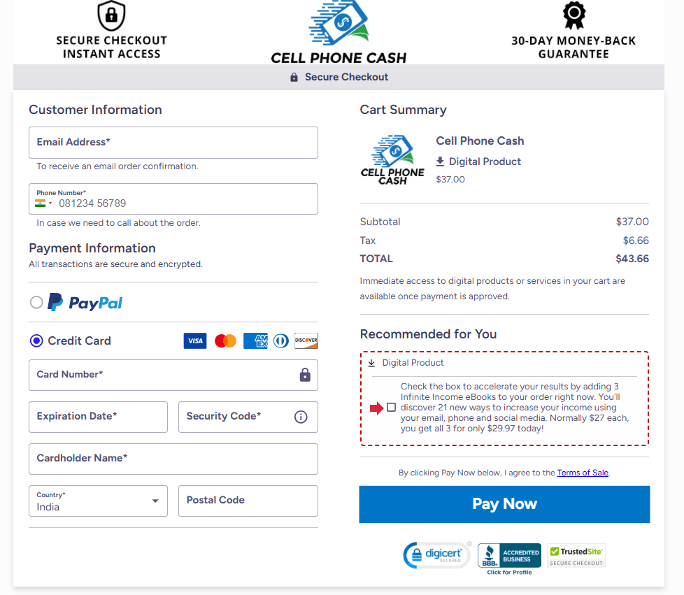 Cellphone Cash Checkout Page
